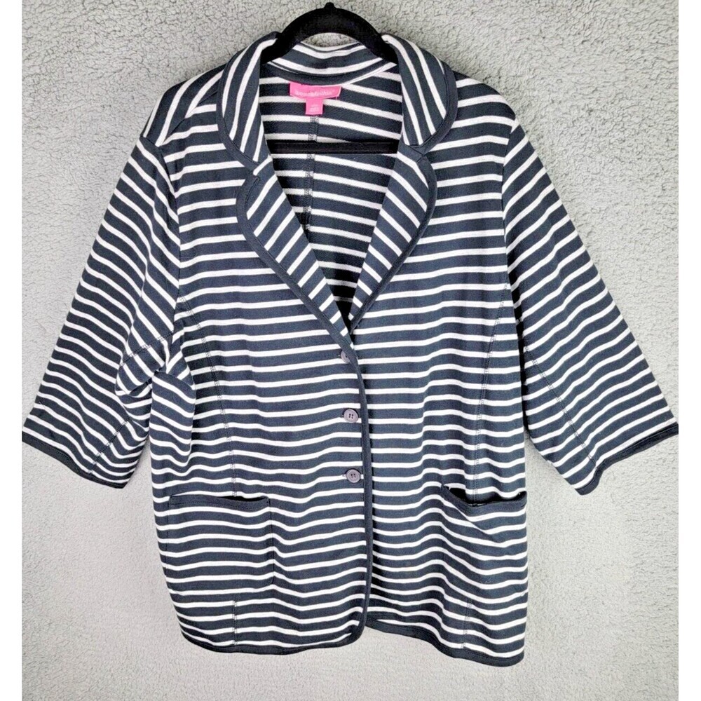 Woman Within Womens Jacket Blazer 18-20 Three Button Black Gray Stripe Collared